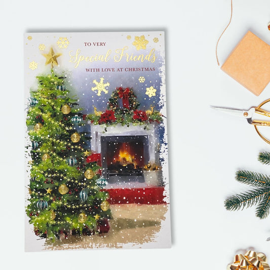 Friends Christmas Card - Fireplace By The Tree