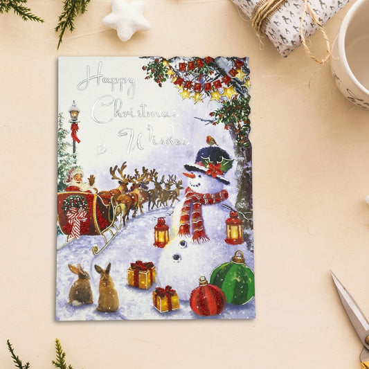 Open Christmas Card - Velvet Snowman & Sleigh