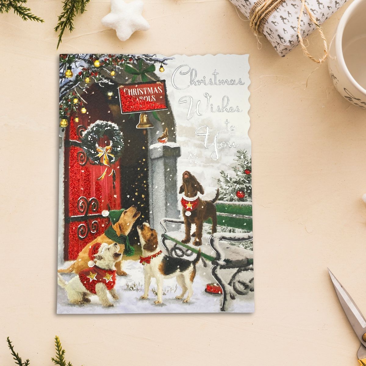 Open Christmas Card - Velvet Carol Singing Dogs