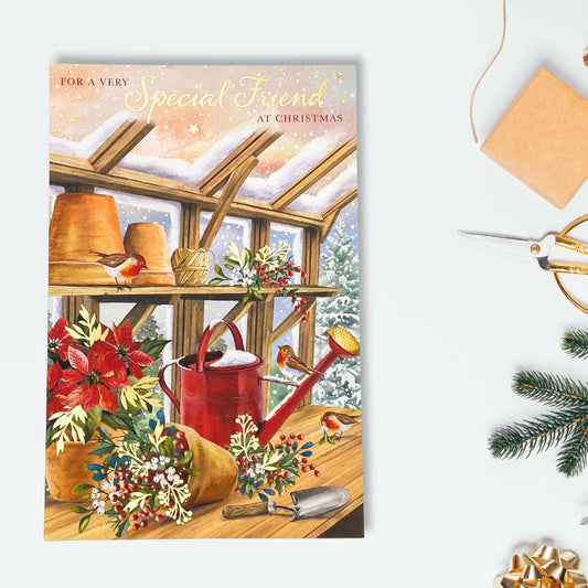 Friend Christmas Card - Festive Robins & Watering Can