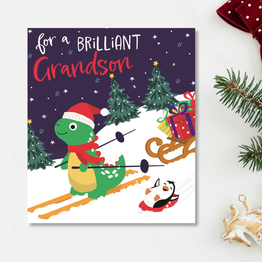 Grandson Christmas Card - Skiing Dinosaur