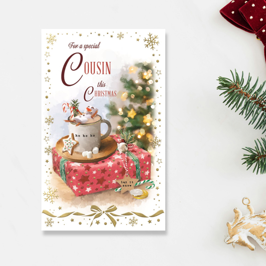 Cousin Christmas Card - Snowman & Hot Chocolate