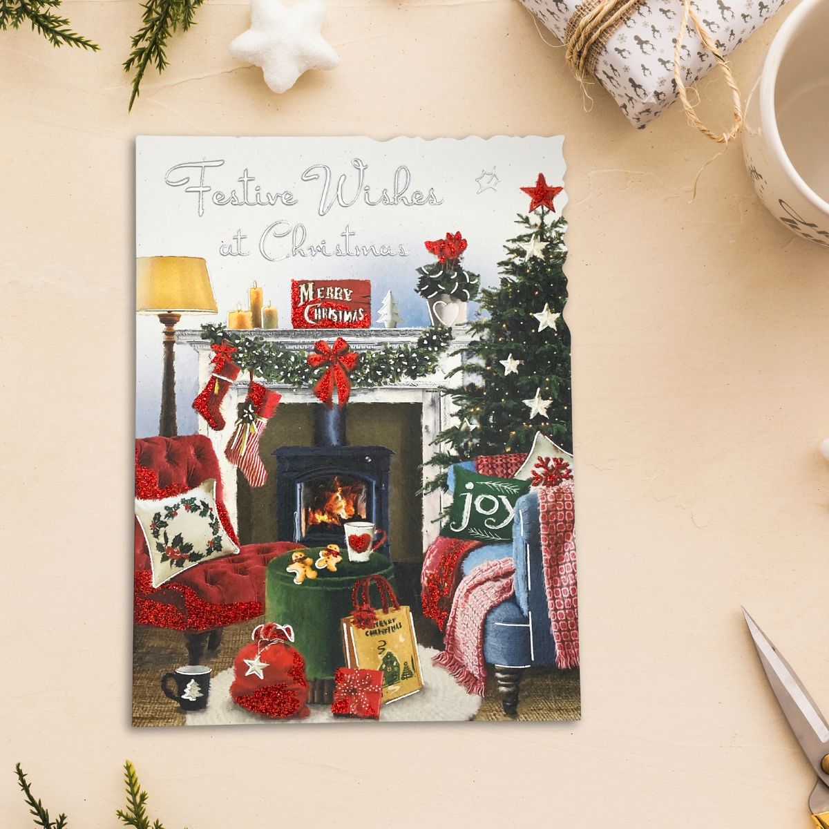 Open Christmas Card - Velvet Festive Fireplace