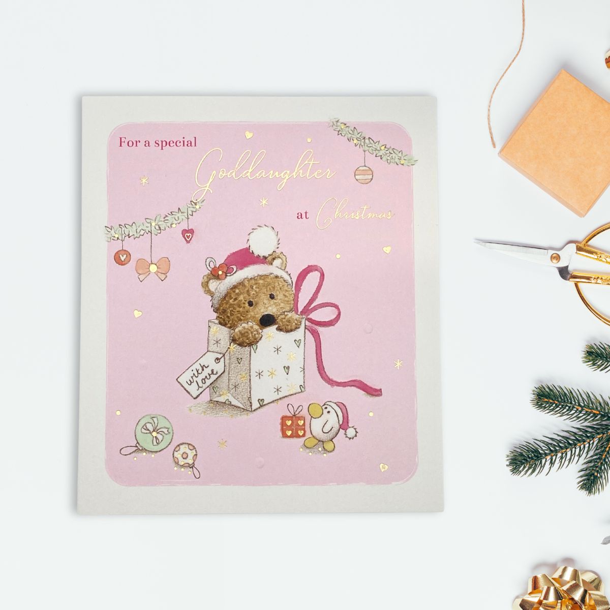 Goddaughter Christmas Card - Barley Bear In Gift