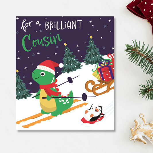 Cousin Christmas Card - Skiing Dinosaur