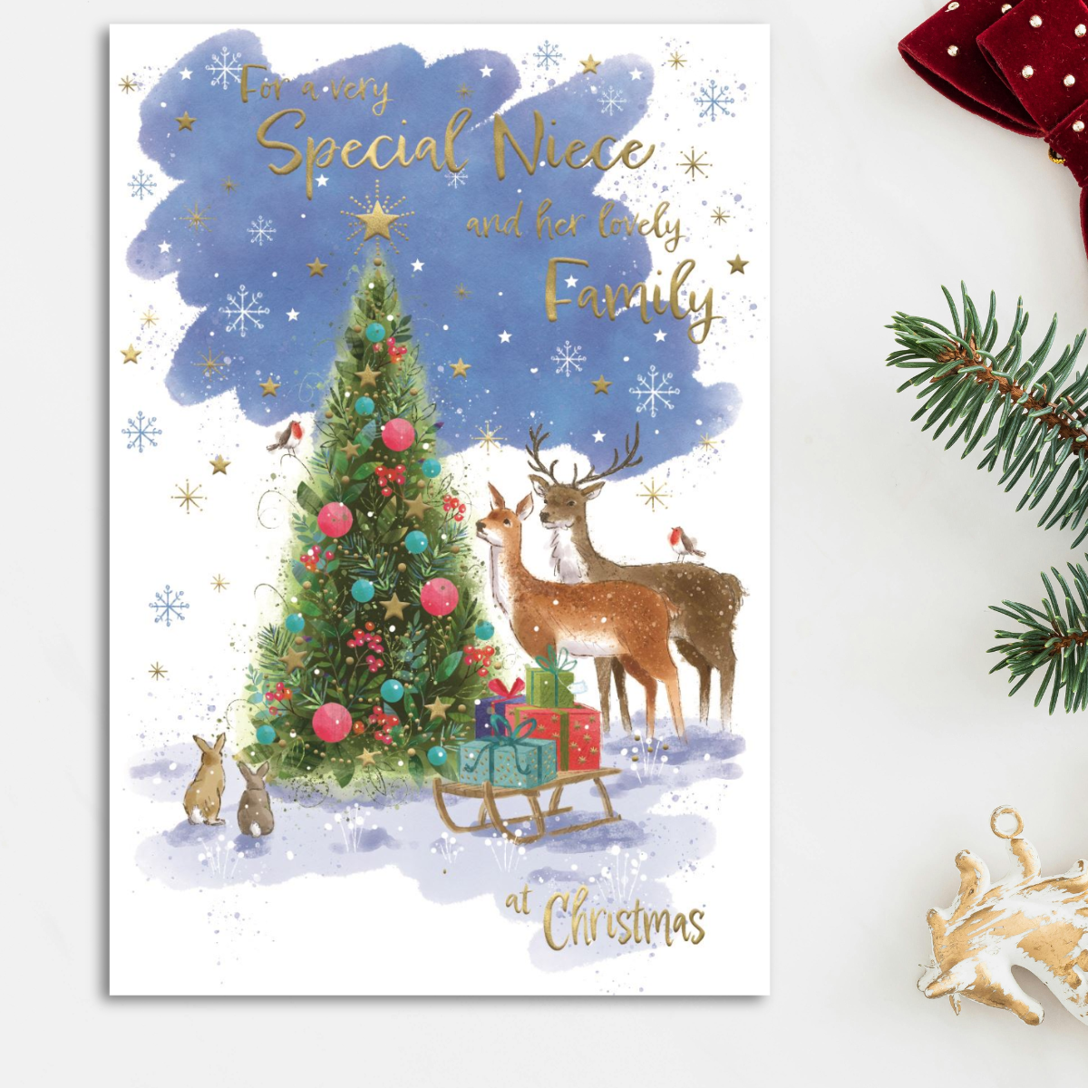 Niece & Family Christmas Card - Awash With Colour Woodland Tree