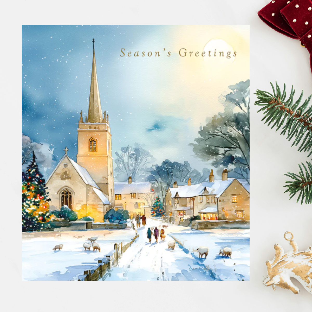 24 x Christmas Cards In Box - Tracks Deluxe Snowy Church