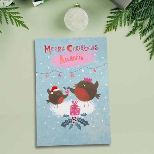 Auntie Christmas Card - Gift Giving Robins