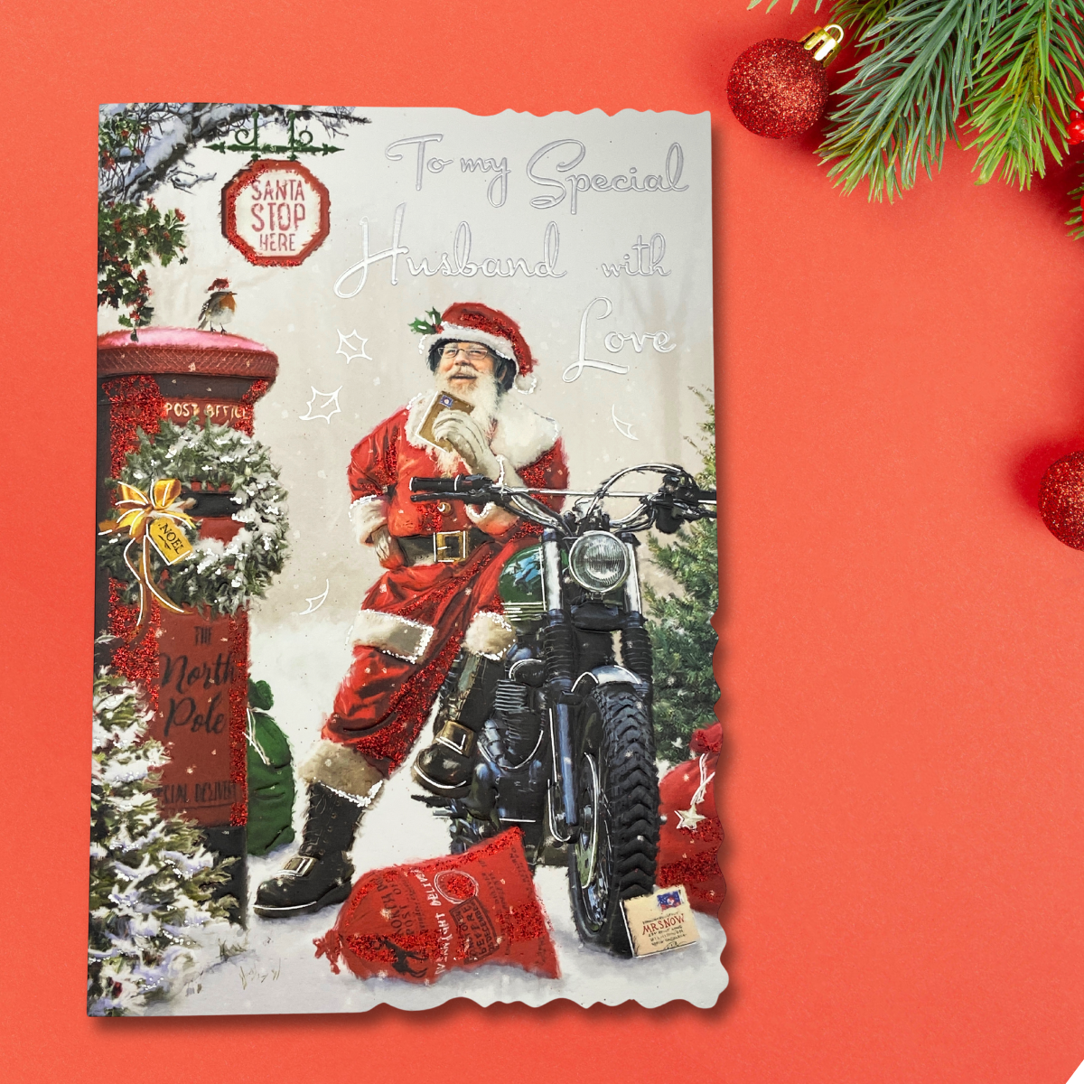 Husband Christmas Card - Velvet Santa Biker