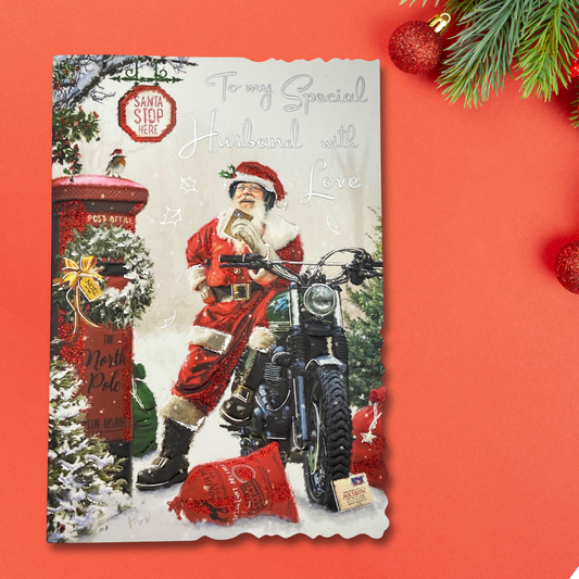 Husband Christmas Card - Velvet Santa Biker