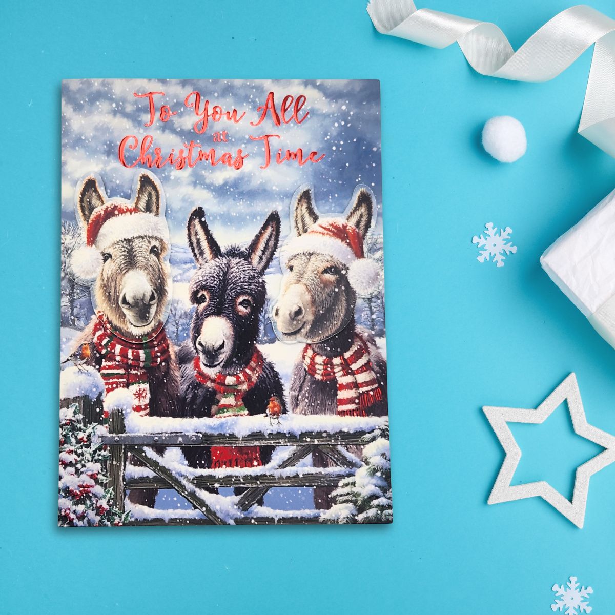To All Of You Christmas Card - Decoupage Snowy Donkeys