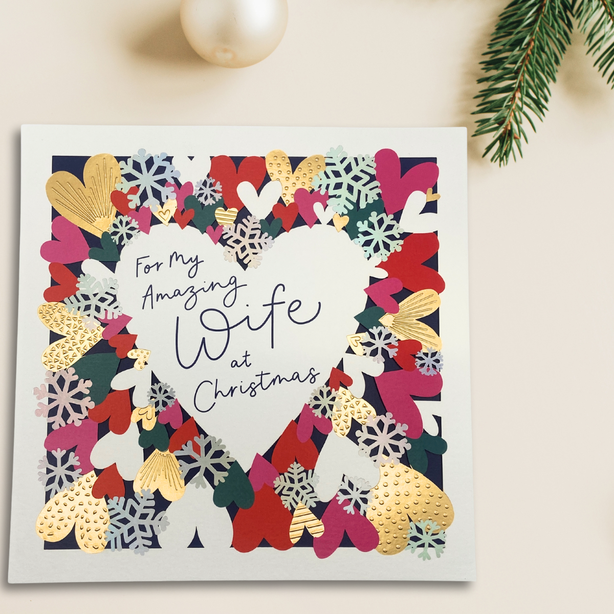 Wife Large Christmas Card - Layered Hearts