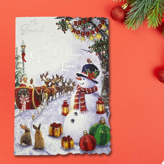 Great Grandchildren Christmas Card - Velvet Snowman & Sleigh