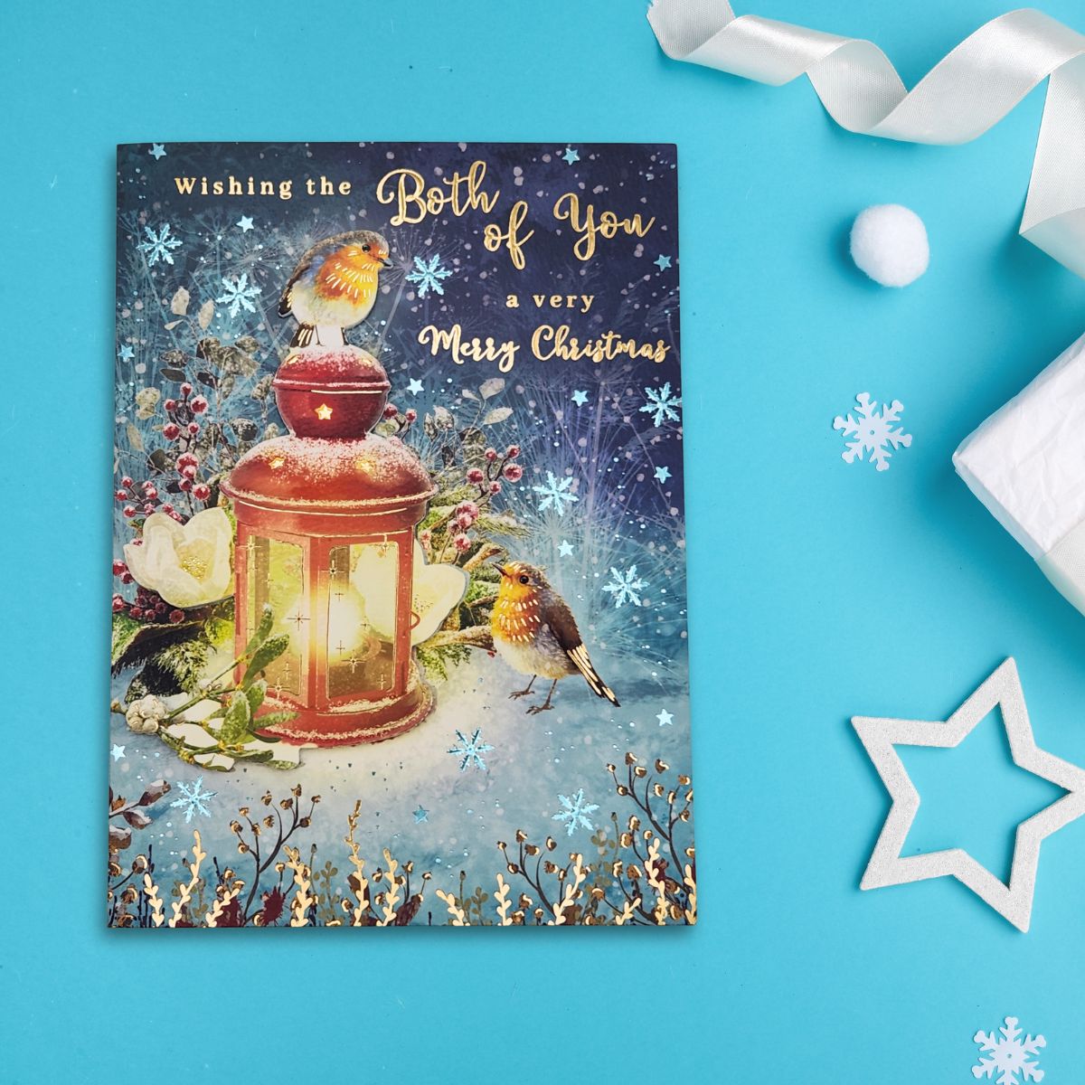 Both Of You Christmas Card - Decoupage Robin On Lantern