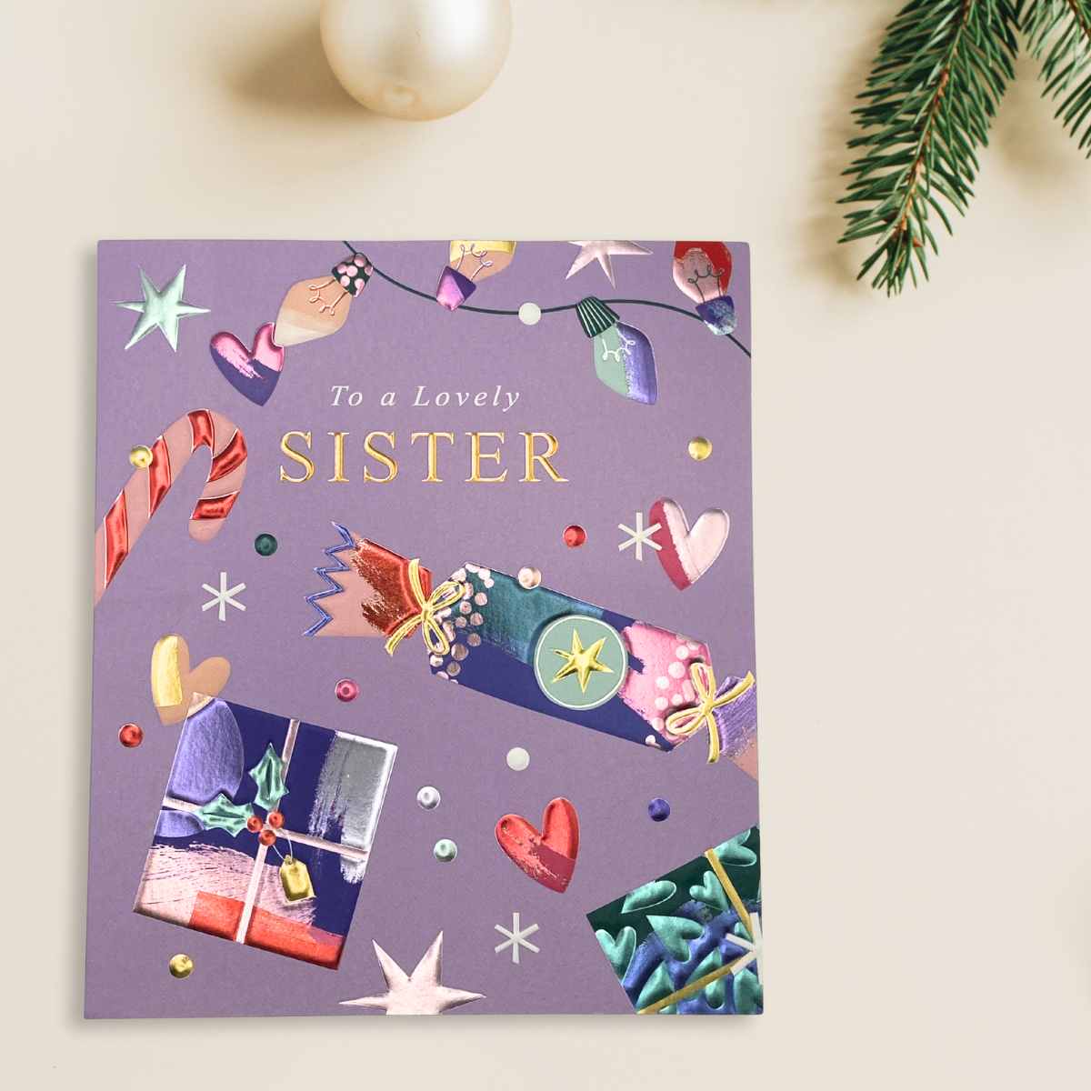 Sister Christmas Card - Bright Coloured Crackers