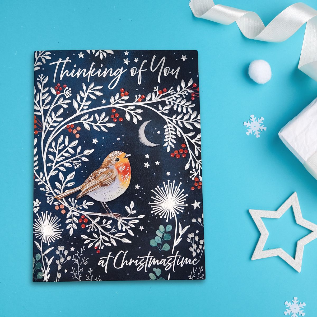 Thinking Of You Christmas Card - Decoupage Robin On Branch