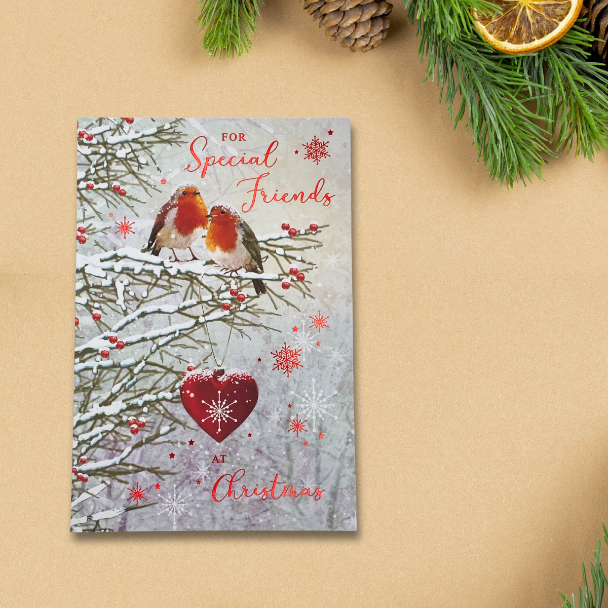 Friends Christmas Card - Robins & Heart