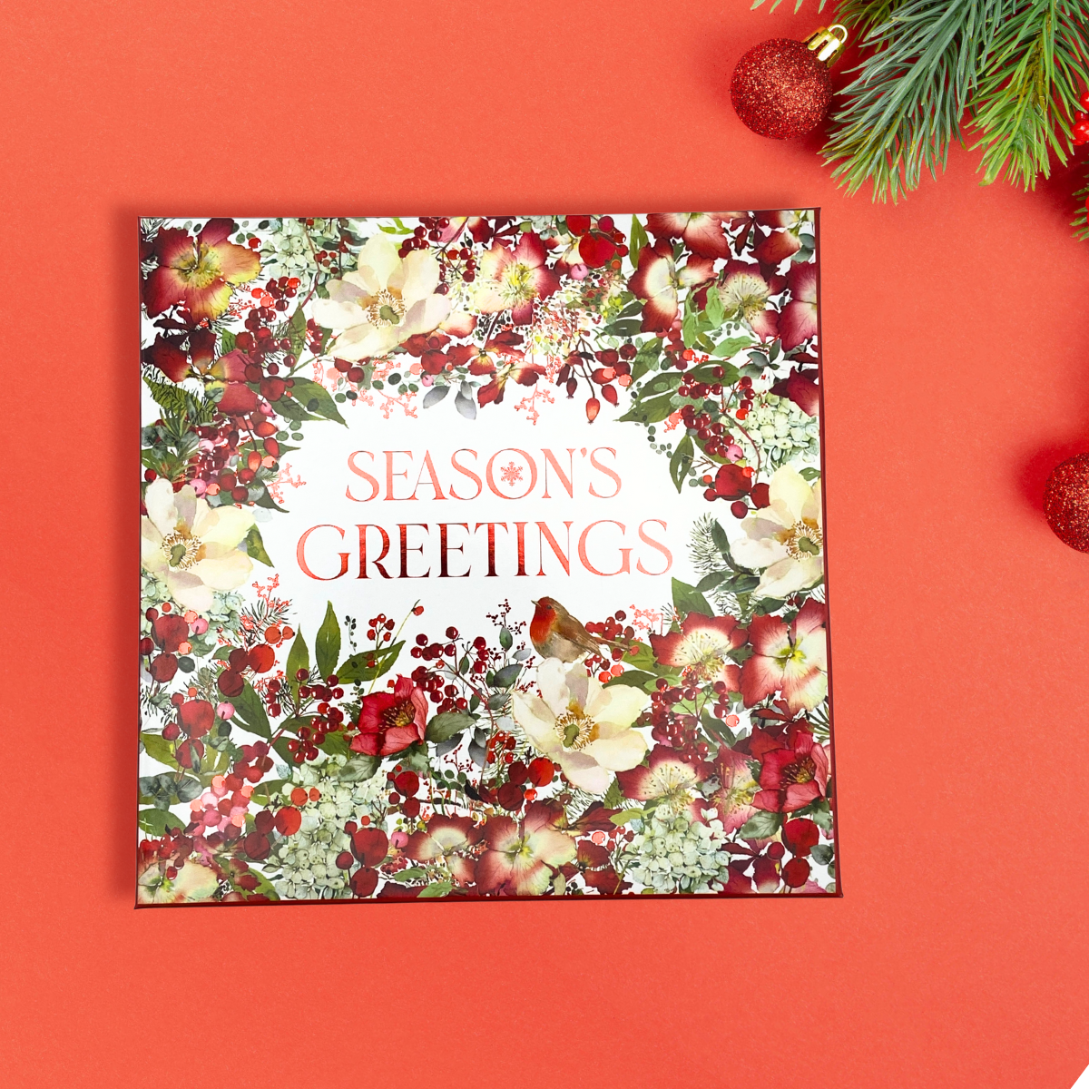 10 x Christmas Cards In Box - Festive Florals Seasons Greetings