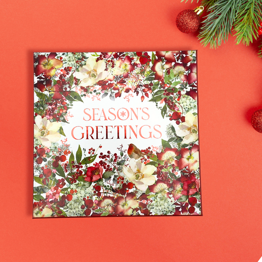 10 x Christmas Cards In Box - Festive Florals Seasons Greetings