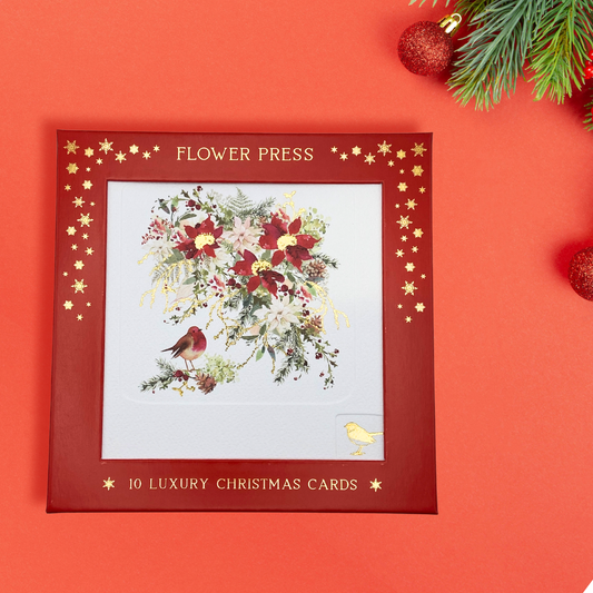 10 x Christmas Cards In Box - Flower Press Poinsettias & Robin