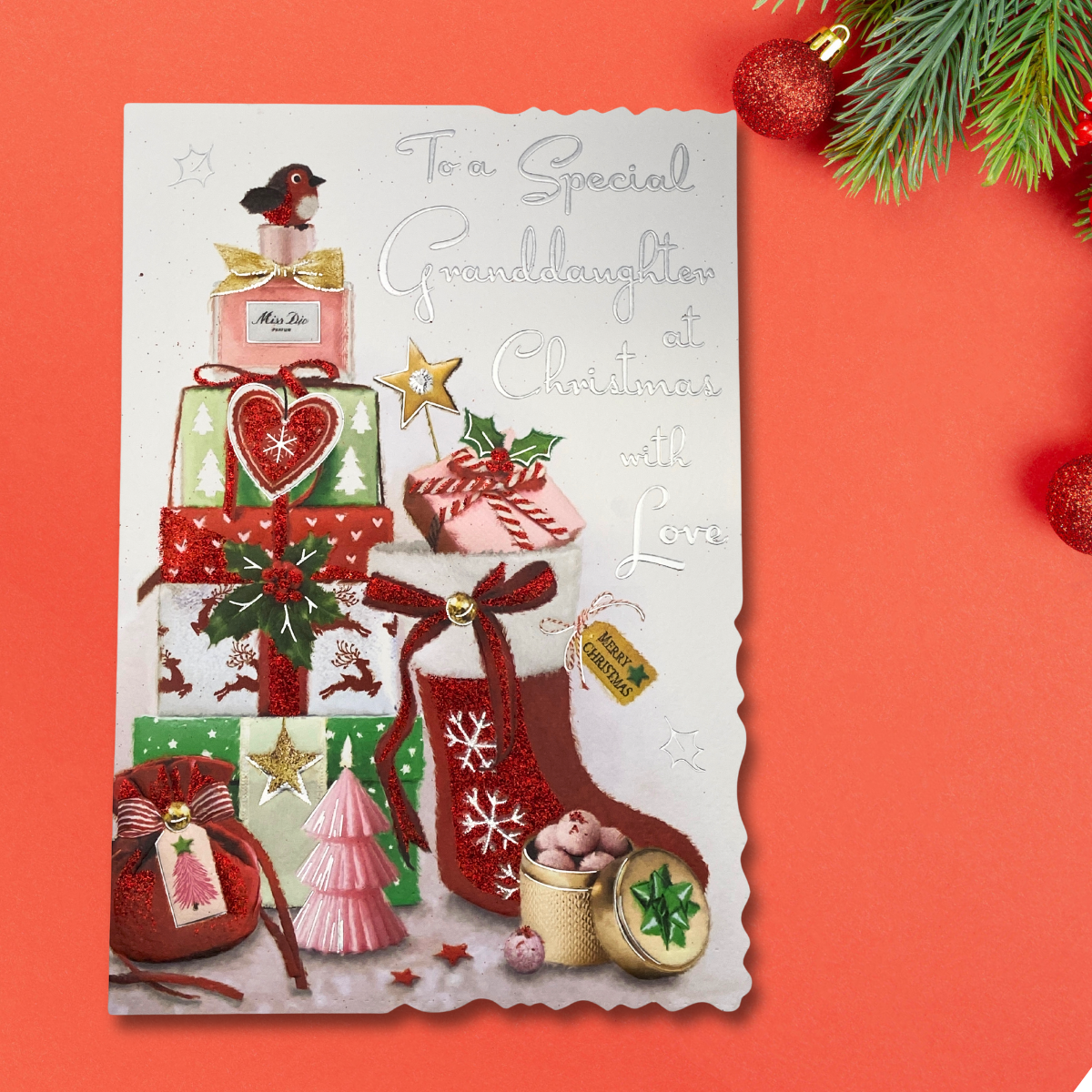 Granddaughter Christmas Card - Velvet Stocking & Gifts