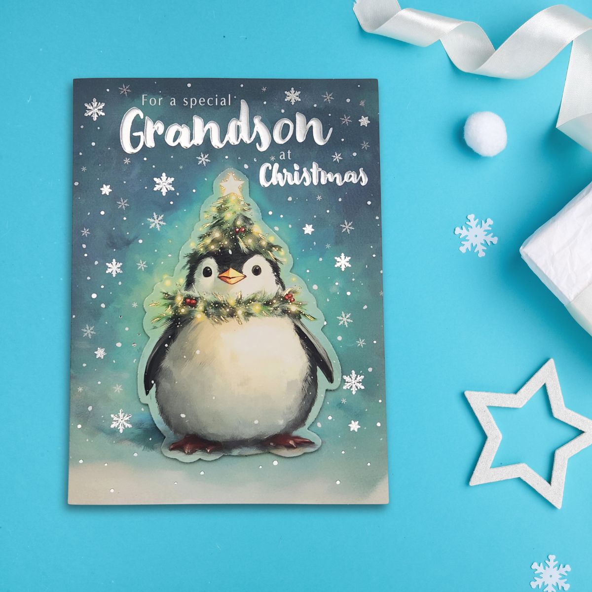 Grandson Christmas Card - Decoupage Tree Penguin