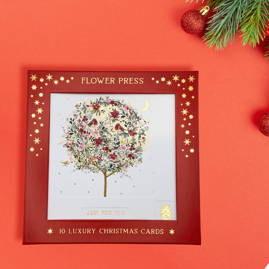 10 x Christmas Cards In Box - Flower Press Festive Tree