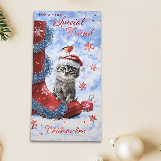 Special Friend Christmas Card - Welly & Kitten