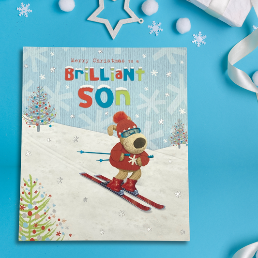 Son Christmas Card - Boofle Bear Skiing