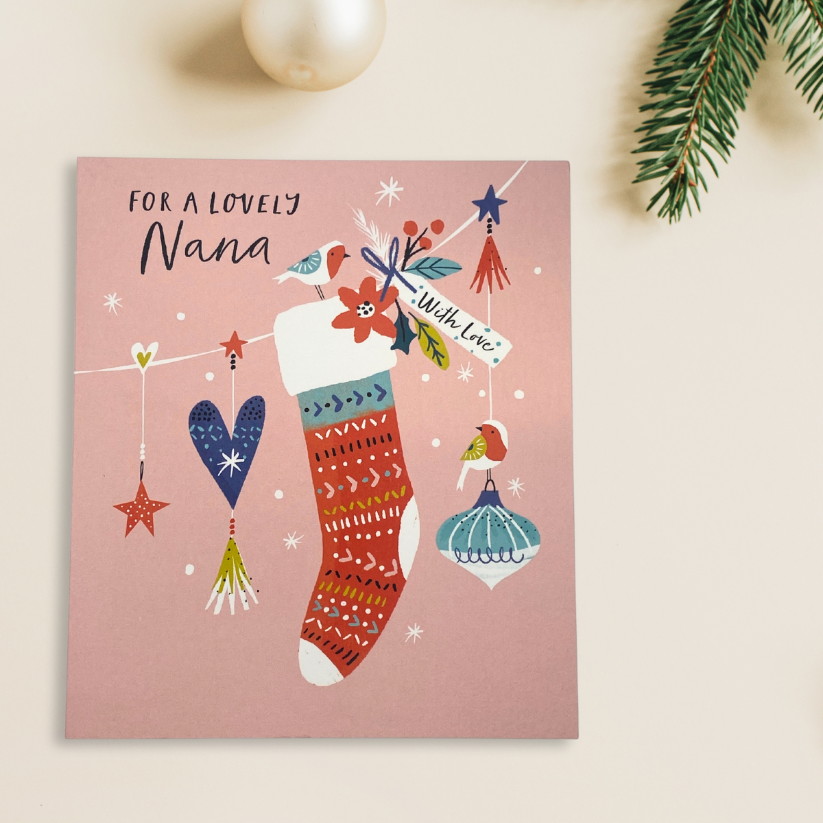 Nana Christmas Card - Robins & Stockings