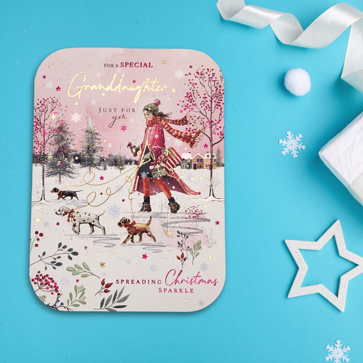 Granddaughter Christmas Card - Walking The Dogs