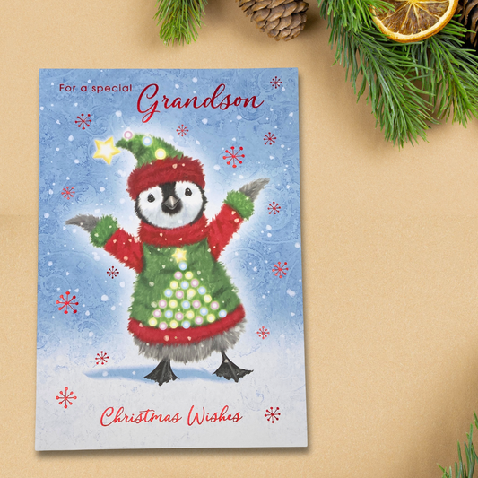 Grandson Christmas Card - Illuminated Penguin