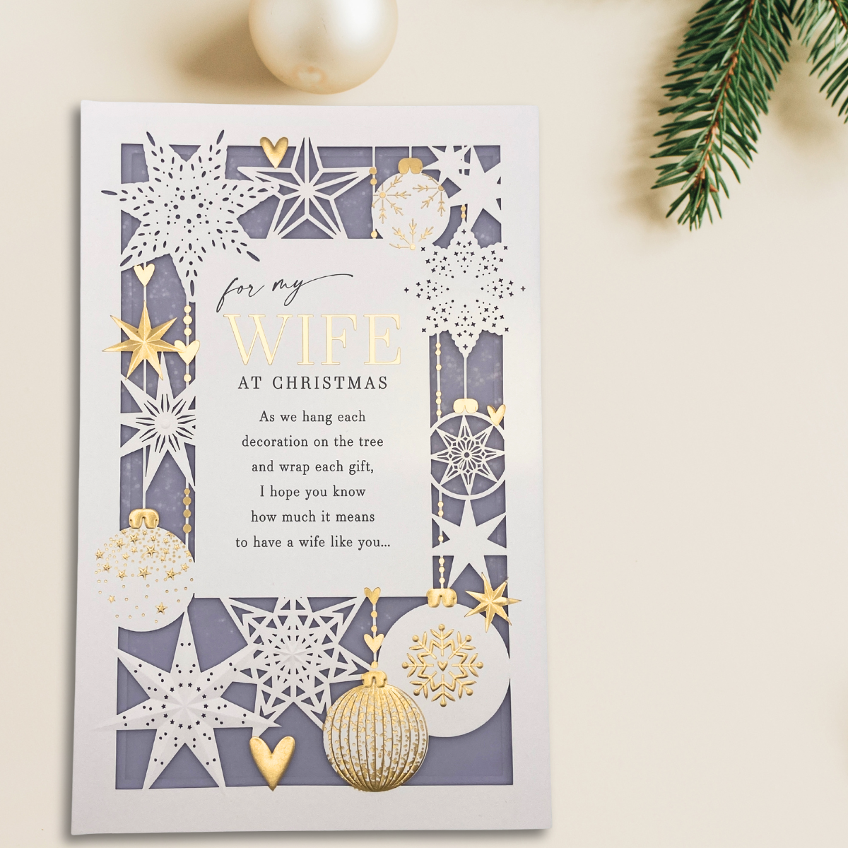 Wife Large Christmas Card - Cut Out Baubles & Stars