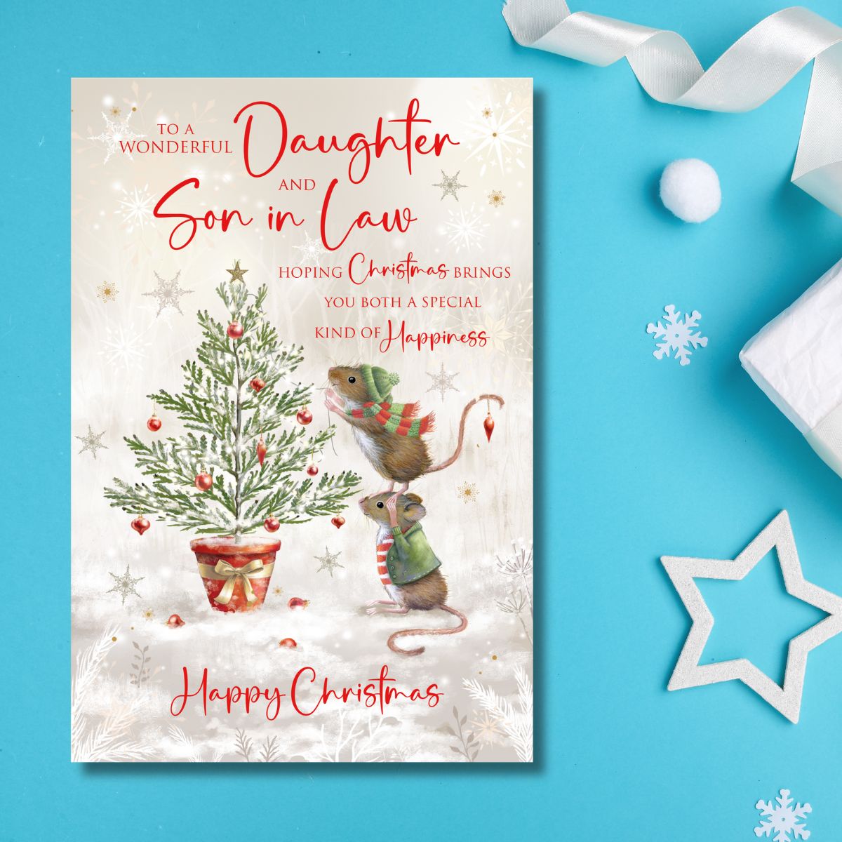Daughter & Son-In-Law Christmas Card - Mice Decorating Tree