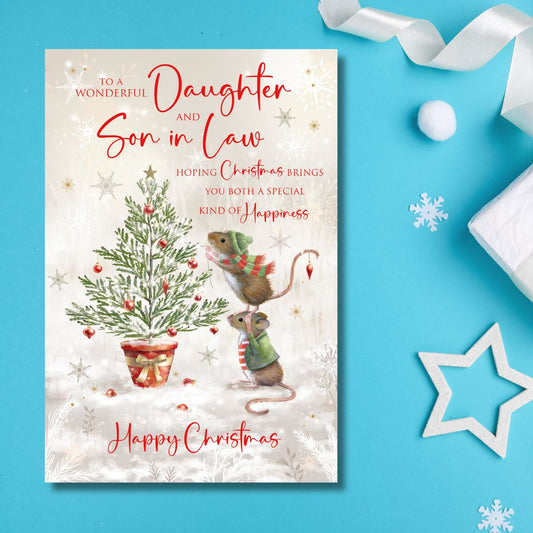 Daughter & Son-In-Law Christmas Card - Mice Decorating Tree