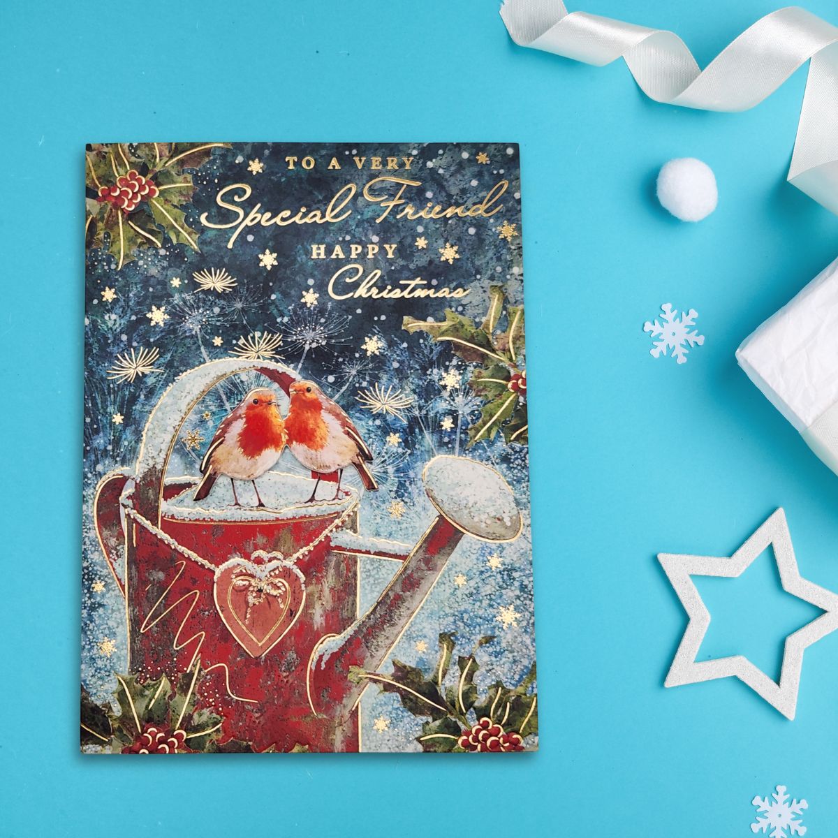 Friend Christmas Card - Decoupage Robins & Watering Can