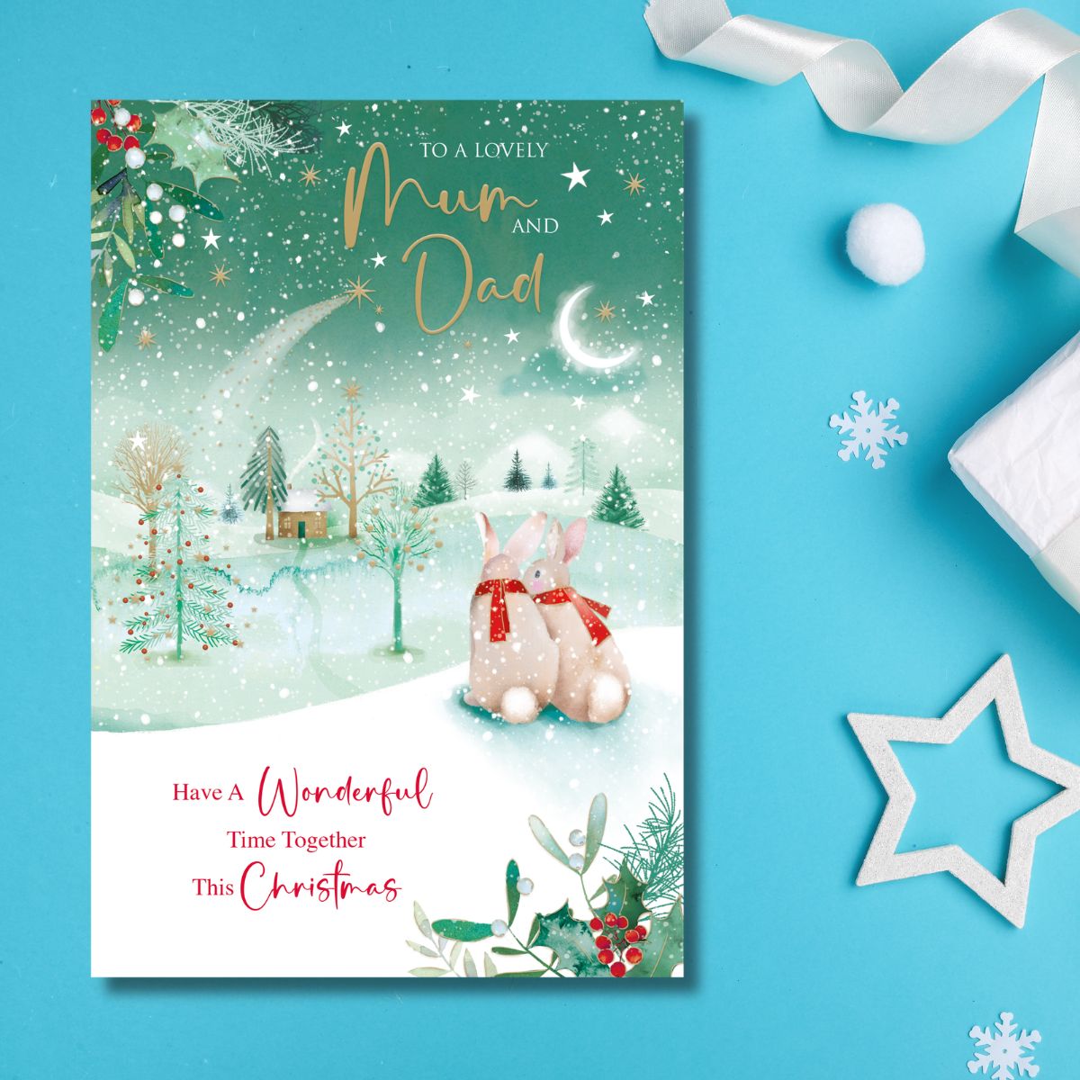 Mum & Dad Christmas Card - Snow Bunnies