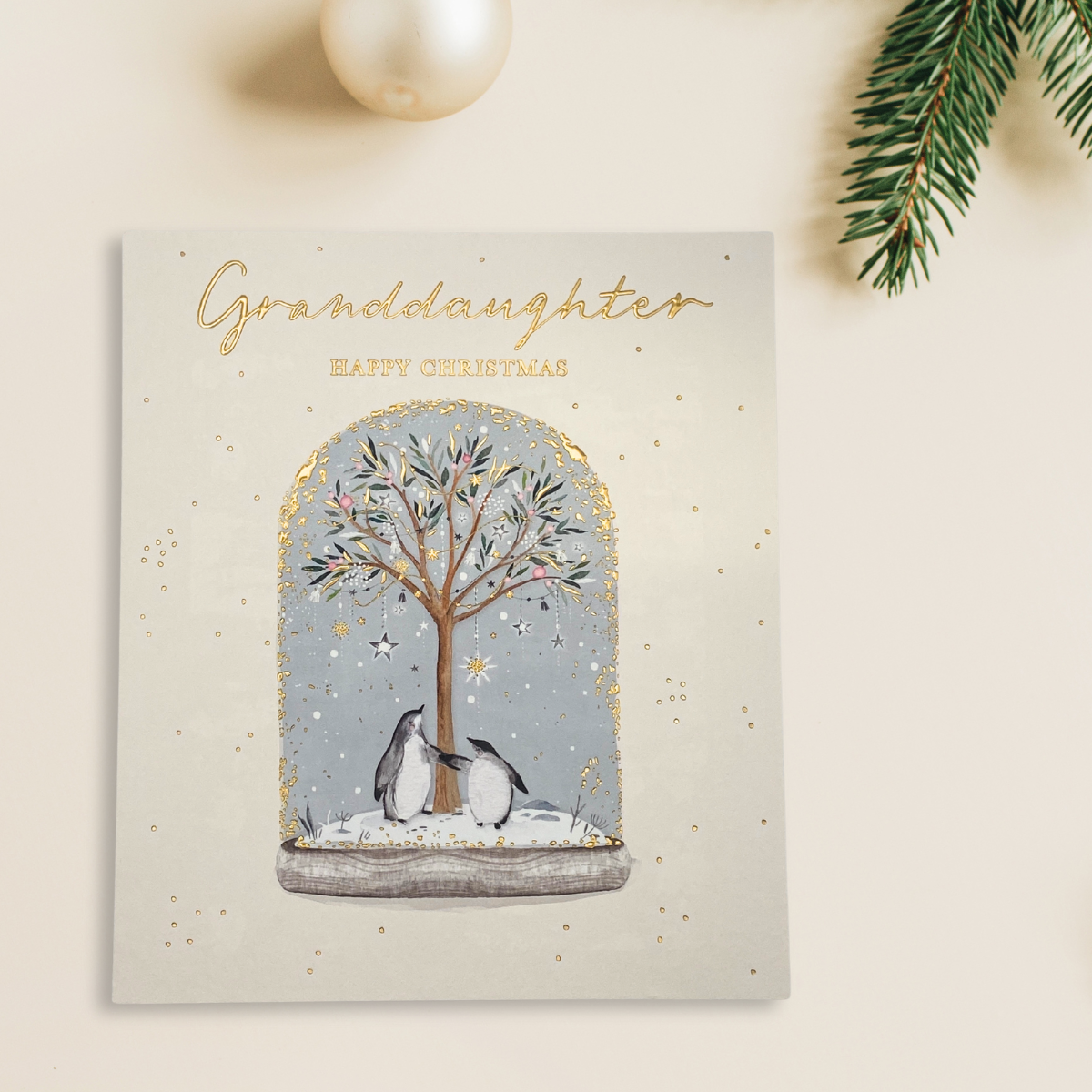 Granddaughter Christmas Card - Penguin Snowglobe