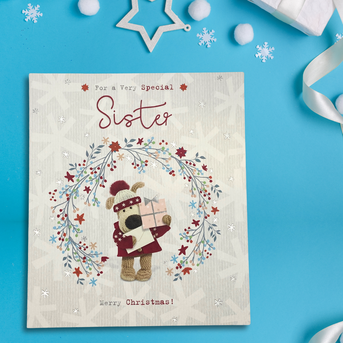 Sister Christmas Card - Boofle Bear & Gift
