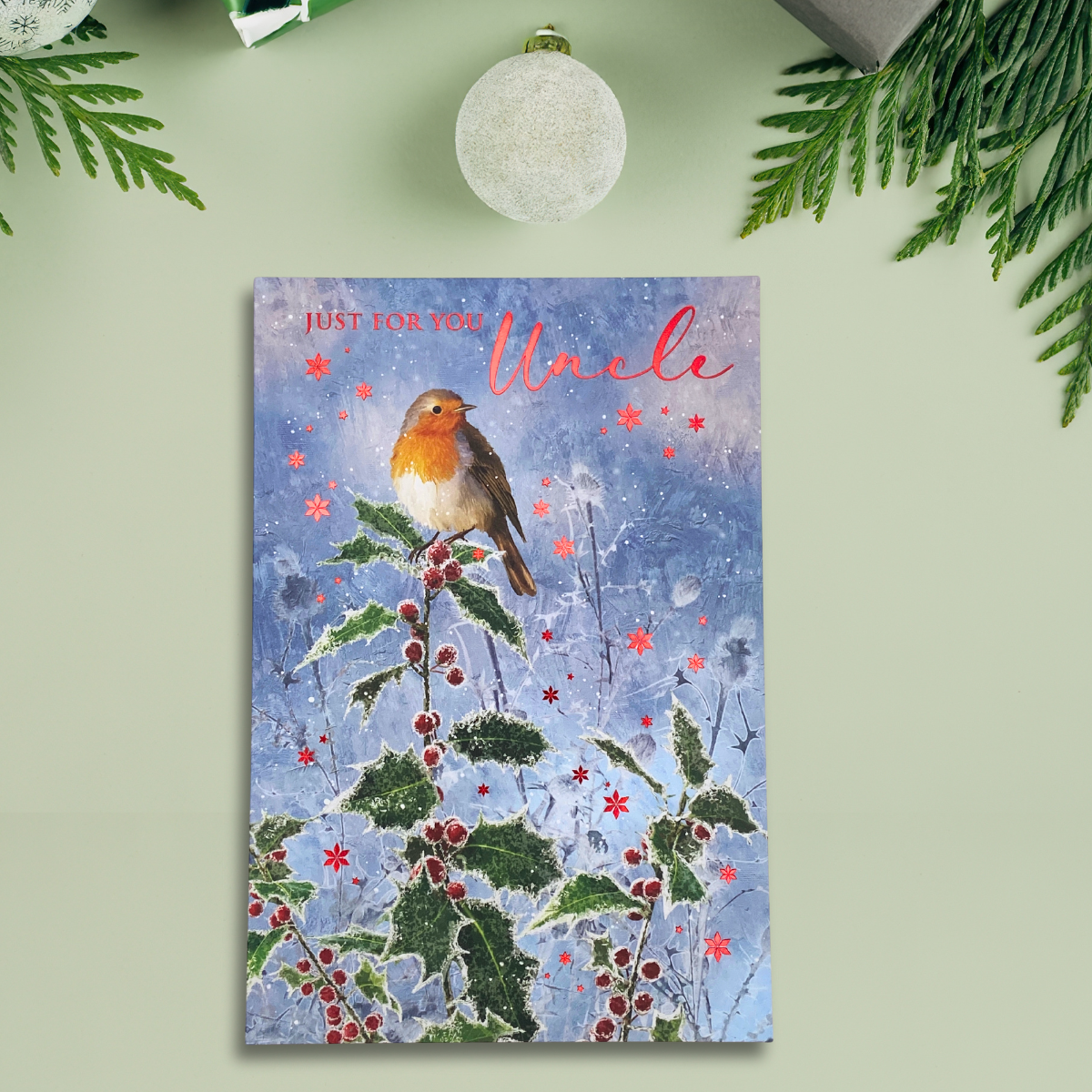 Uncle Christmas Card - Holly Berries & Robin