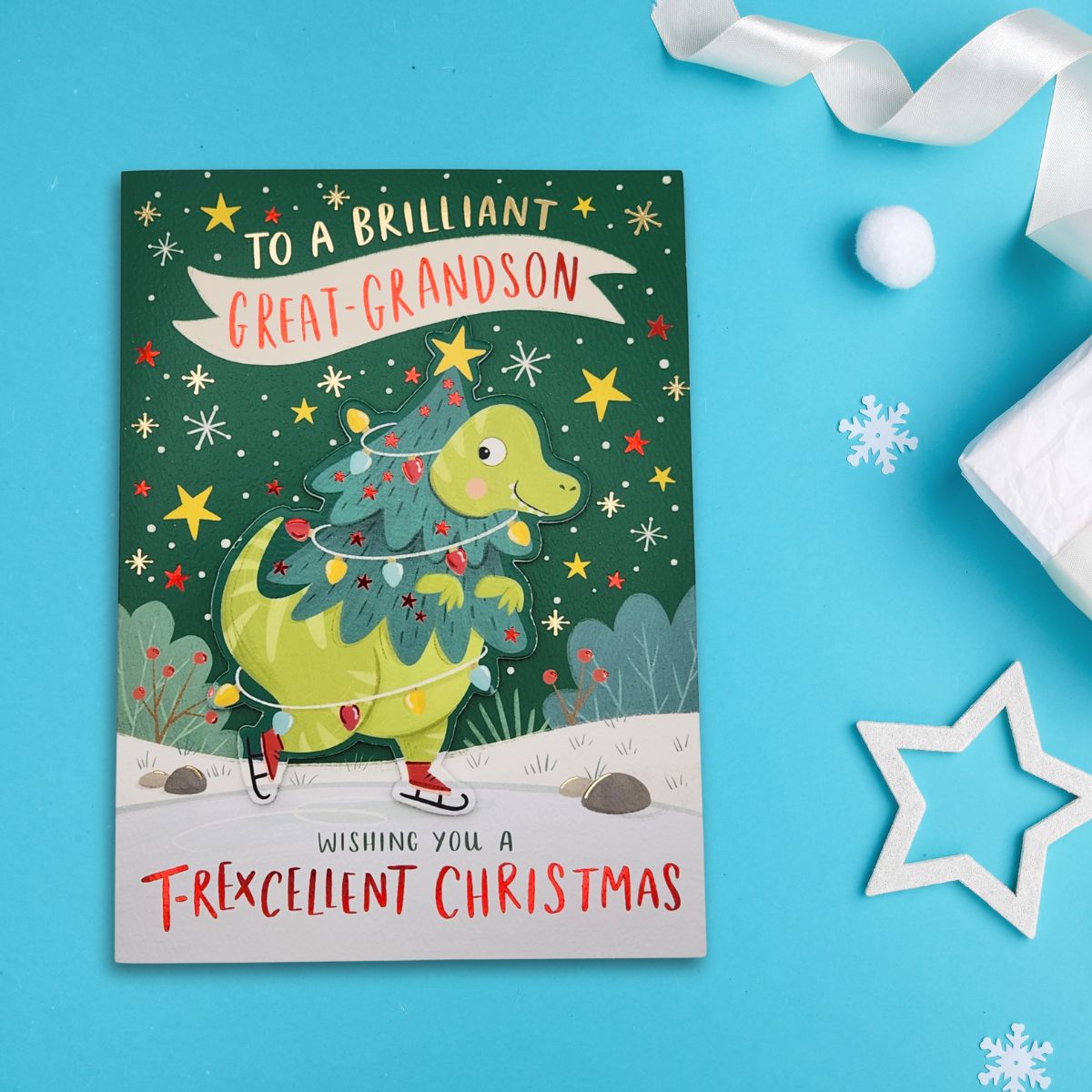 Great Grandson Christmas Card - Decoupage Skating Dinosaur