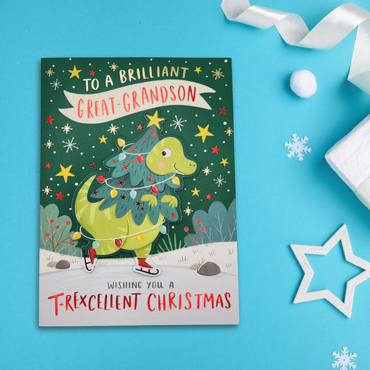 Great Grandson Christmas Card - Decoupage Skating Dinosaur