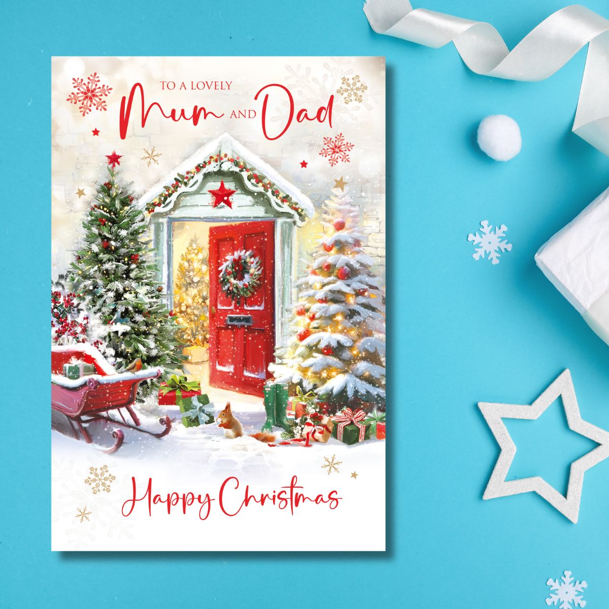 Mum & Dad Christmas Card - Decorated Door & Squirrel