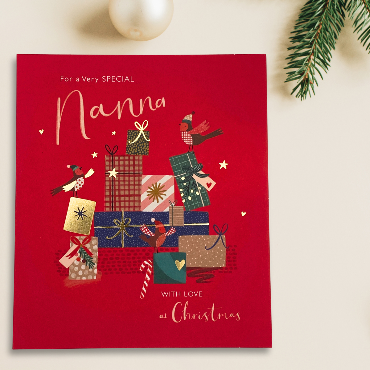 Nanna Christmas Card - Robins & Gifts