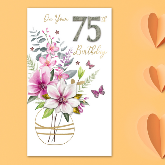 75th Birthday Card - Decoupage Vase Of Flowers