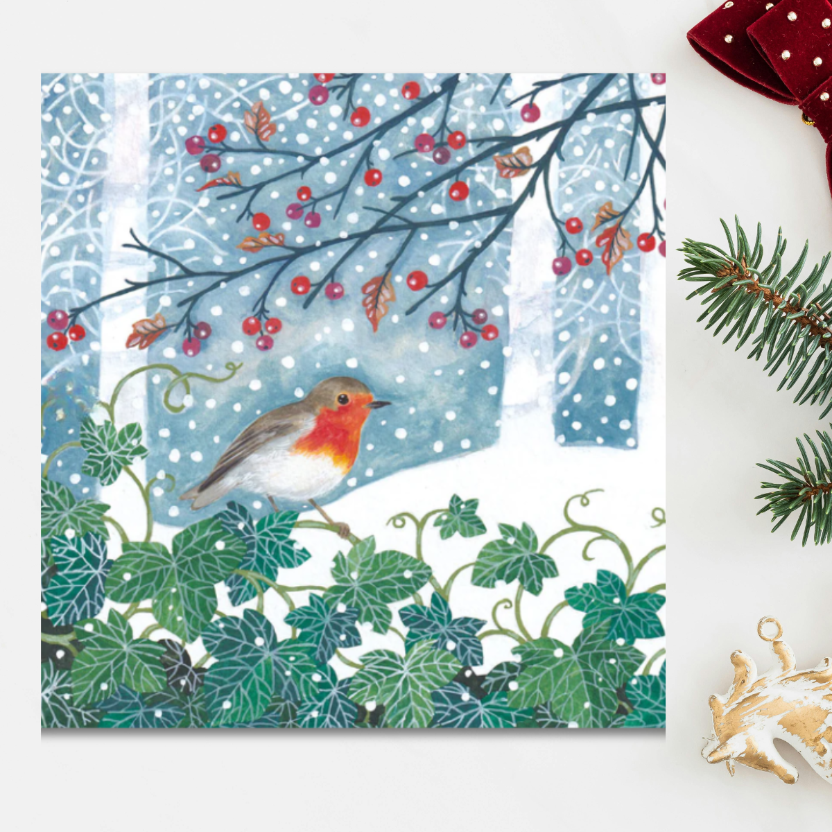 24 x Christmas Cards In Box - Tracks Deluxe Robin & Berries