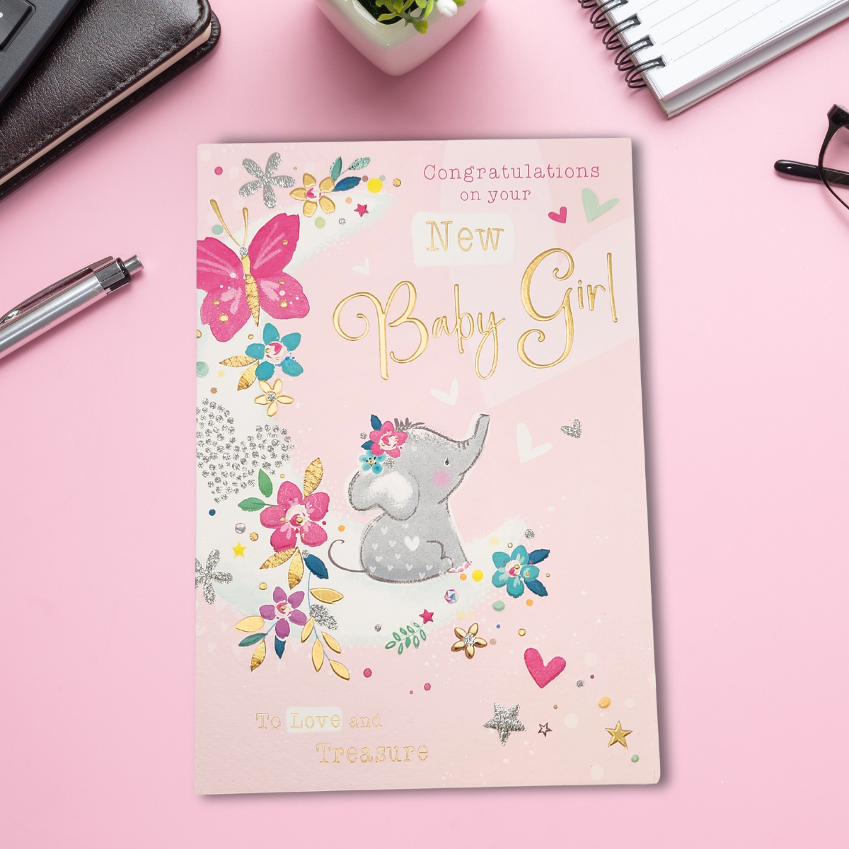 Baby Girl Card - Signature Elephant