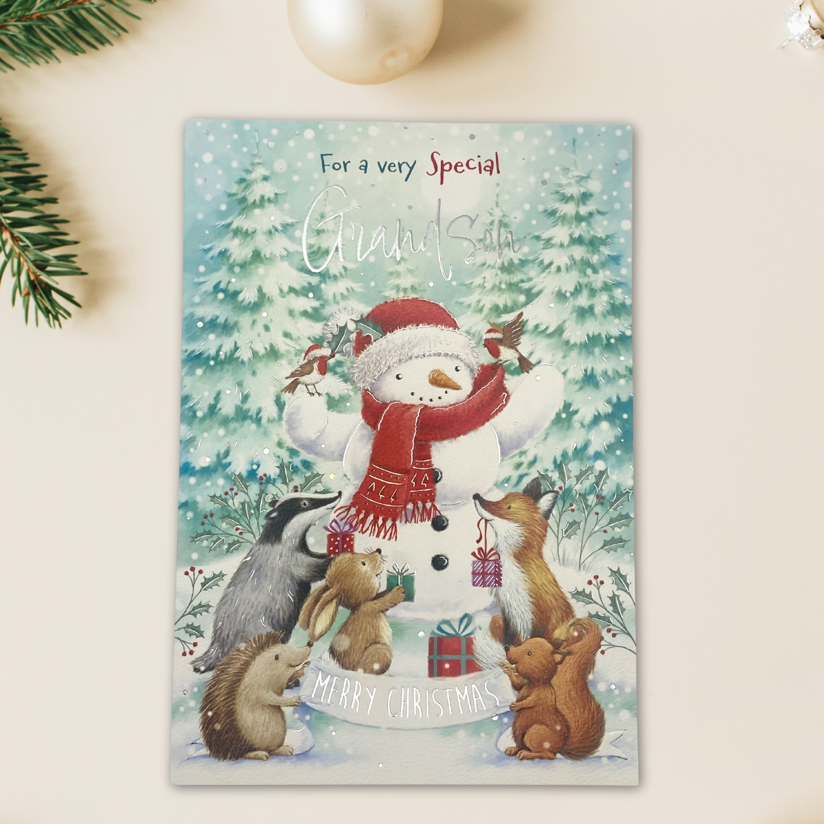 Grandson Christmas Card - Woodland Animals & Snowman