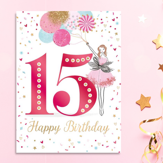 15th Birthday Card - Lady & Balloons