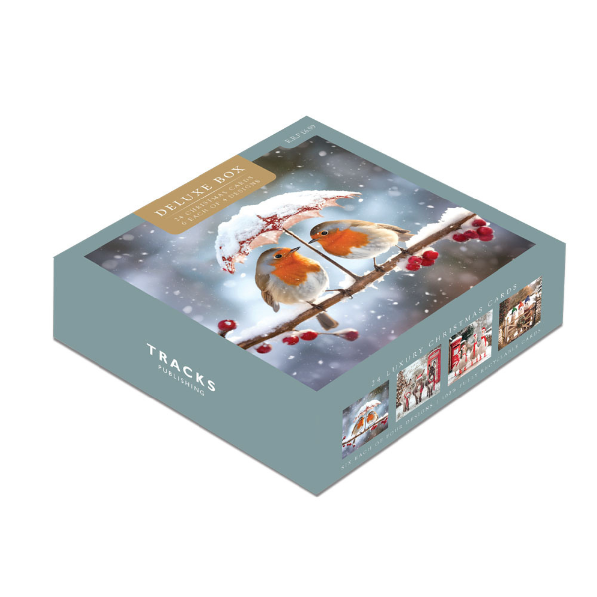 24 x Christmas Cards In Box - Tracks Deluxe Snowy Robins